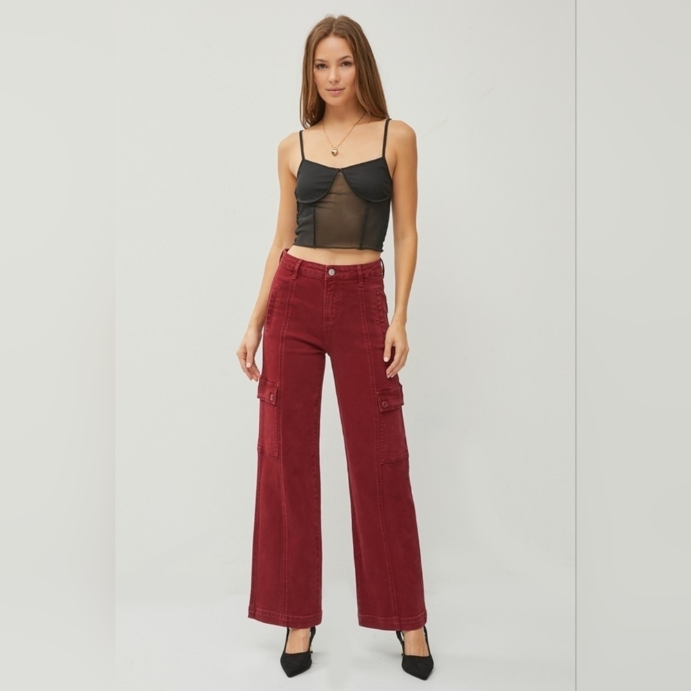 RISEN High Rise Wide Leg Cargo Jeans Wine Retro Vintage Style Various NEW